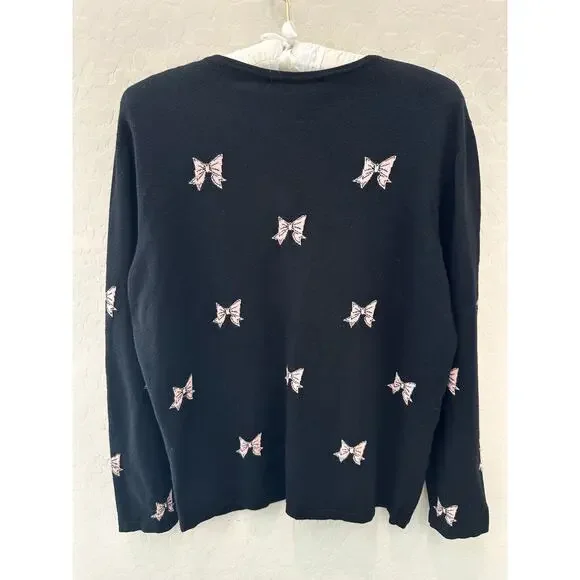 DONCASTER | Black Bow Print V Neck Cardigan Made in Italy Vintage 90s | Large - Picture 4 of 7